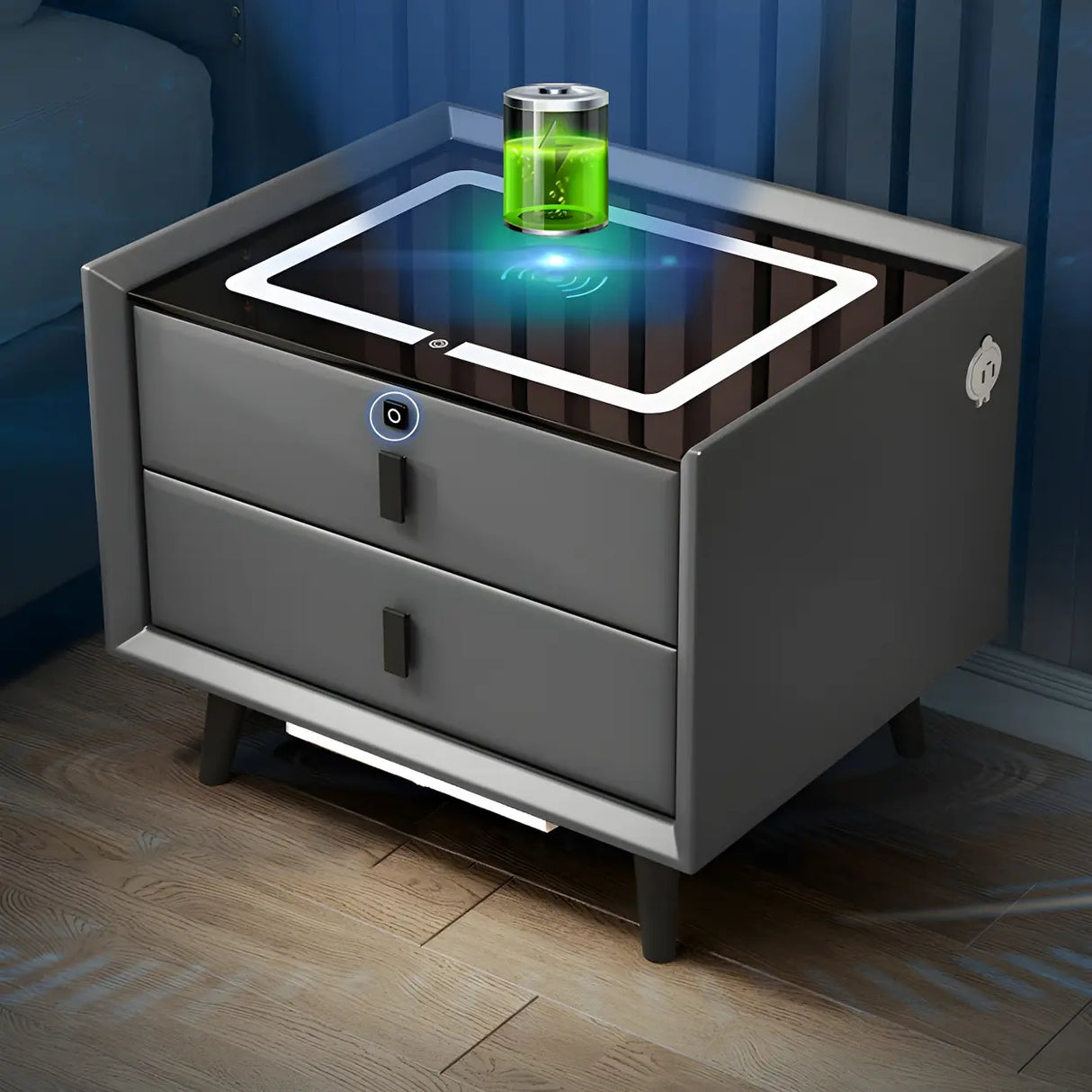 Sleek Grey Wood Drawer Nightstand with LED Glass Top Image - 4