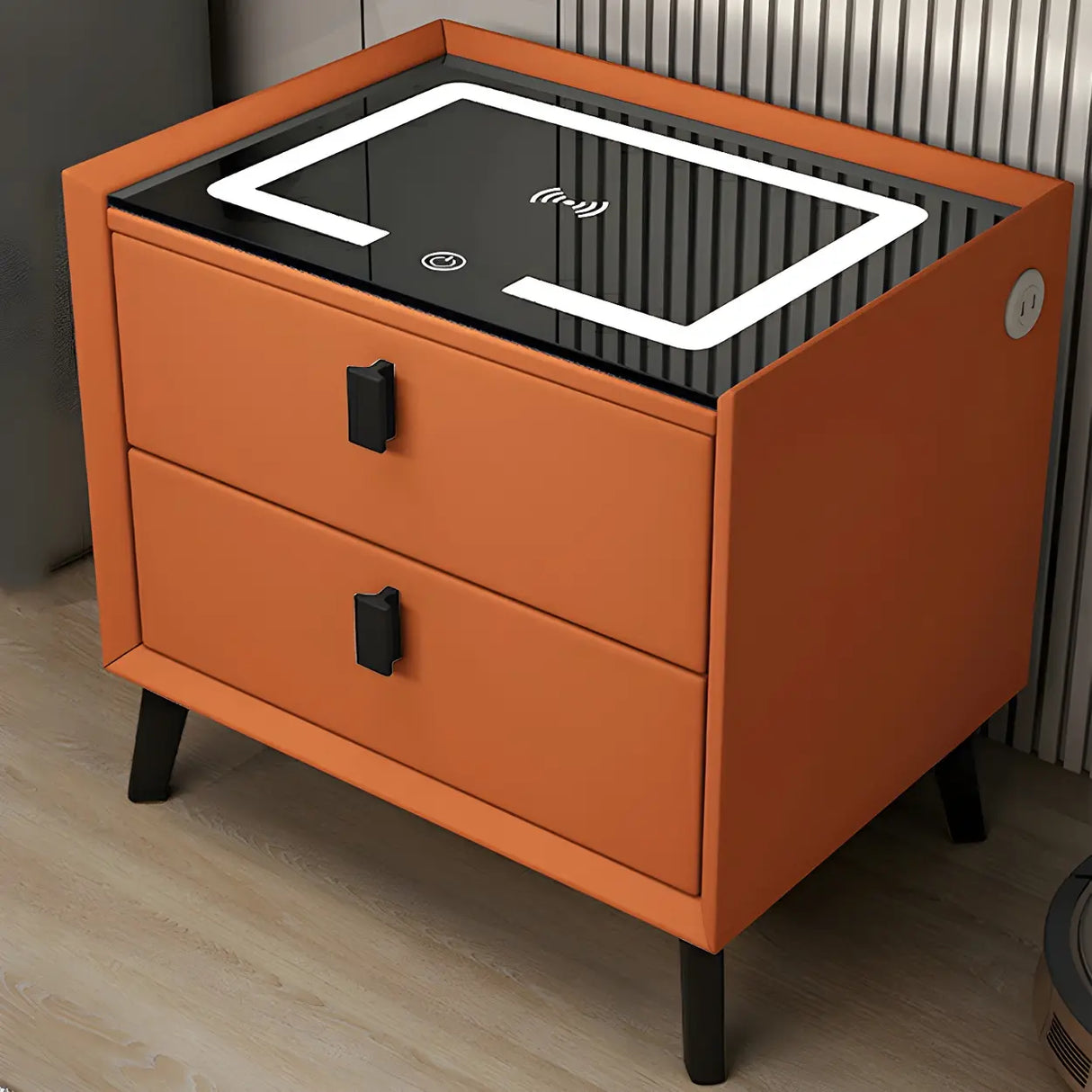 Sleek Grey Wood Drawer Nightstand with LED Glass Top Image - 5