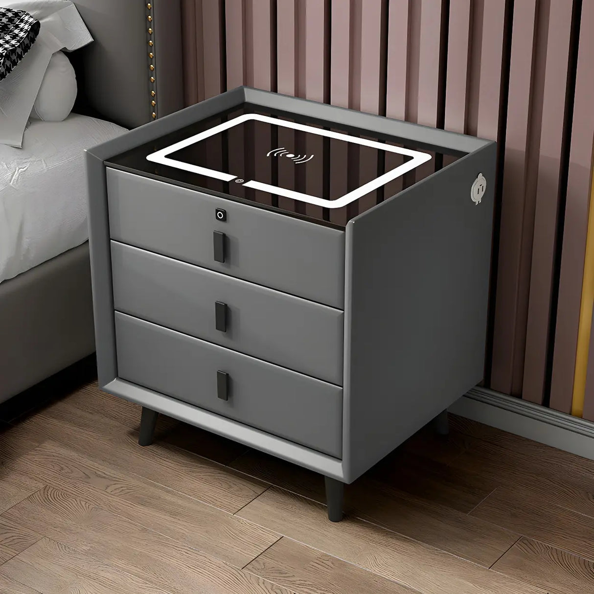 Sleek Grey Wood Drawer Nightstand with LED Glass Top Image - 6