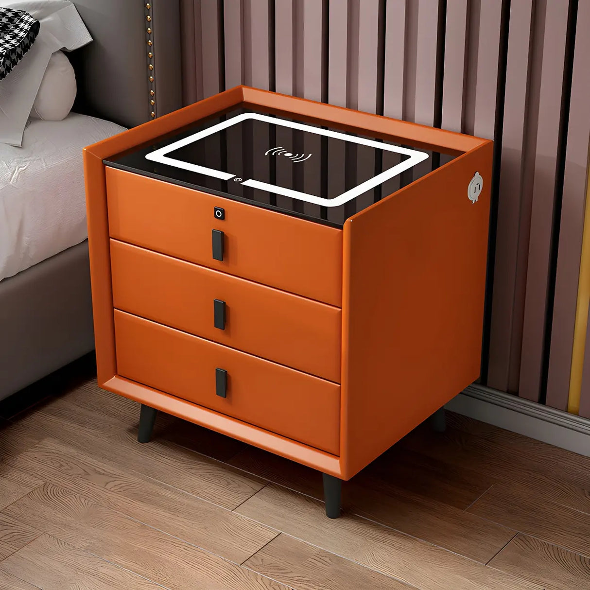 Sleek Grey Wood Drawer Nightstand with LED Glass Top Image - 8