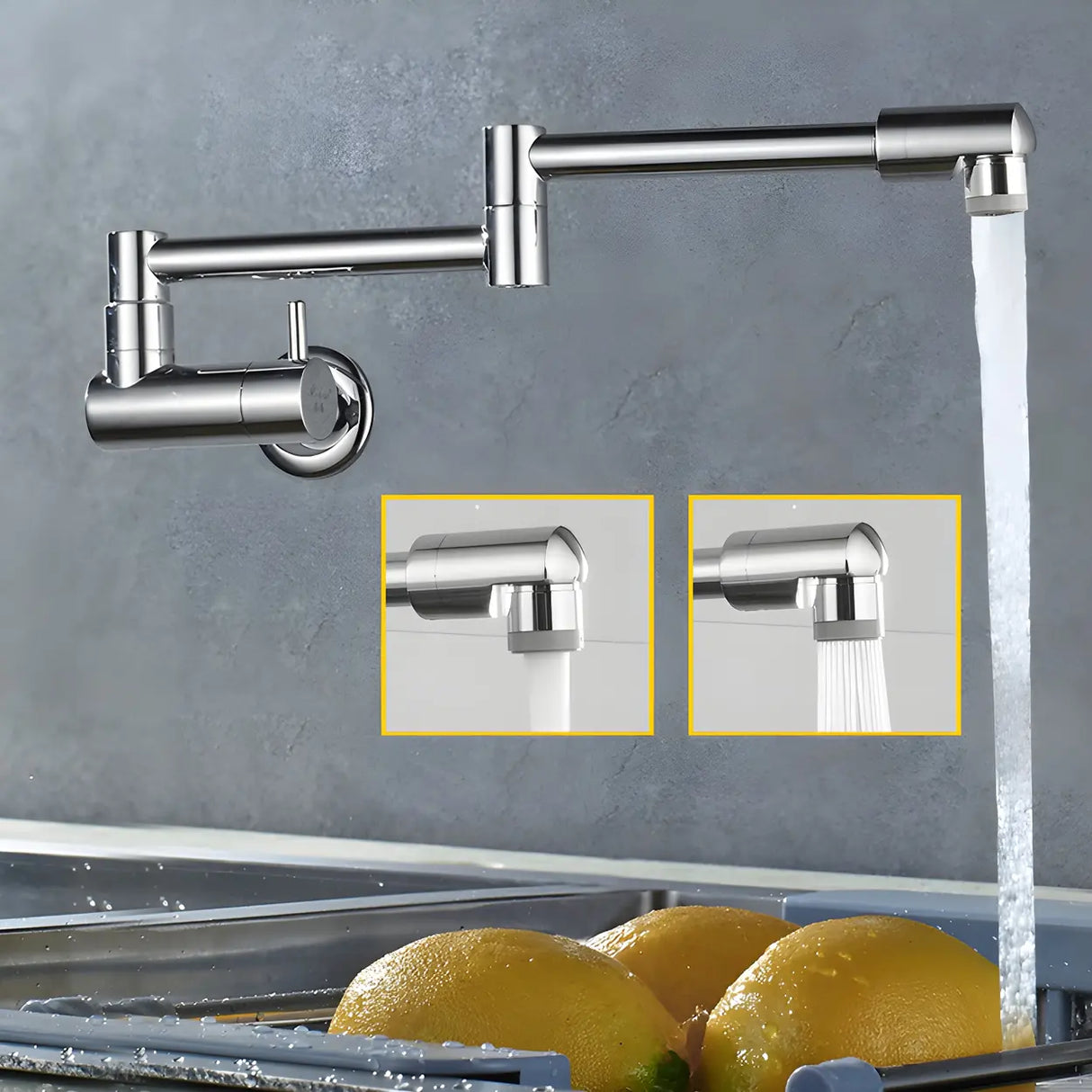 Sleek Low Arc Chrome Wall-Mounted Folding Kitchen Faucet Image - 3