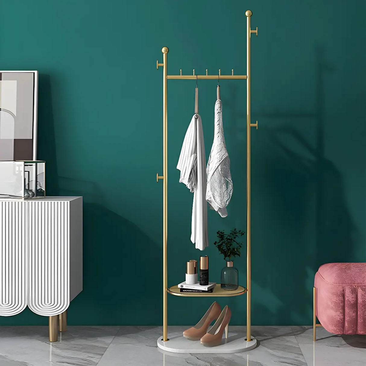 Sleek Metal Gold-White Tall Organizer Coat Rack with Shelf Image - 1