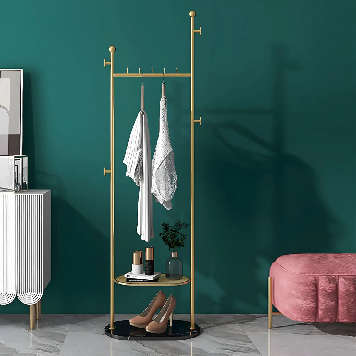 Sleek Metal Gold-White Tall Organizer Coat Rack with Shelf Image - 17