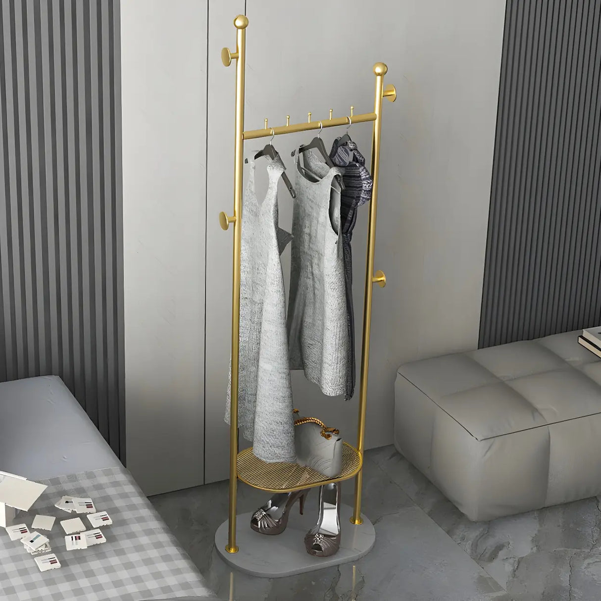 Sleek Metal Gold-White Tall Organizer Coat Rack with Shelf Image - 4