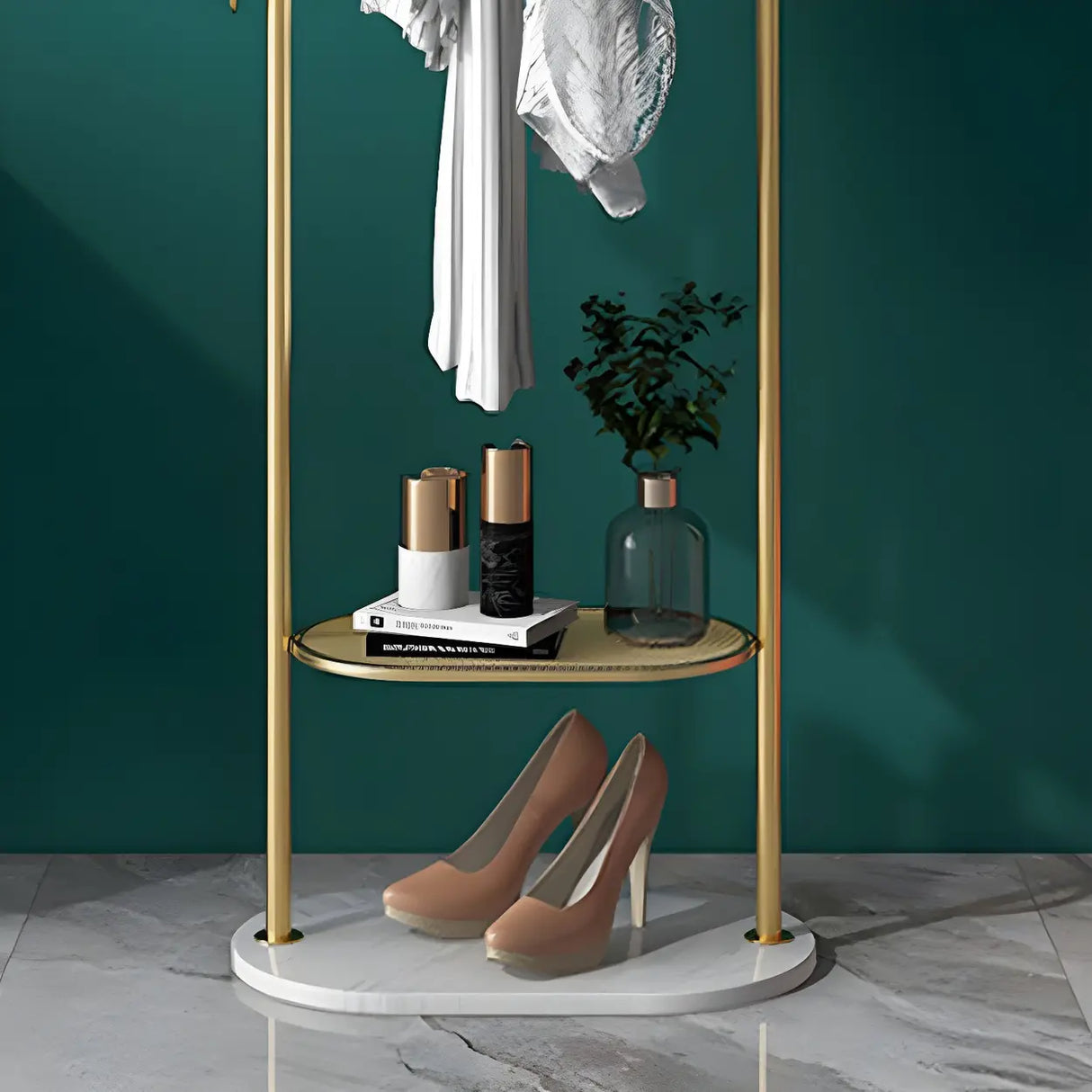 Sleek Metal Gold-White Tall Organizer Coat Rack with Shelf Image - 9