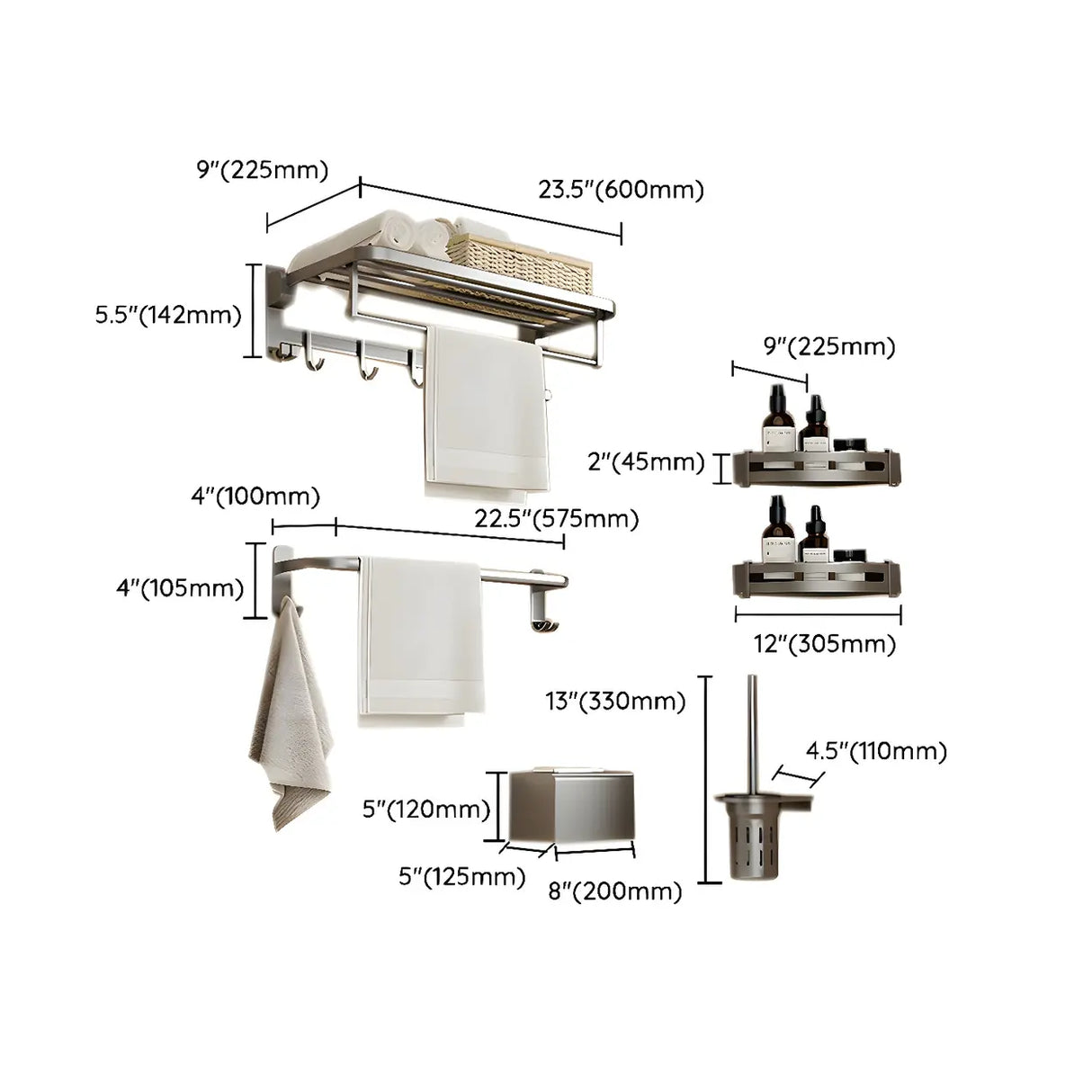 Sleek Metal Grey Bathroom Hardware Set with Shelves