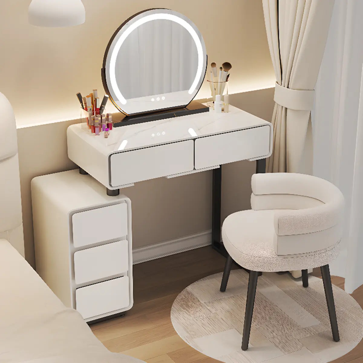 Sleek Oval MDF Bedroom LED Lights White Makeup Vanity Set Image - 1