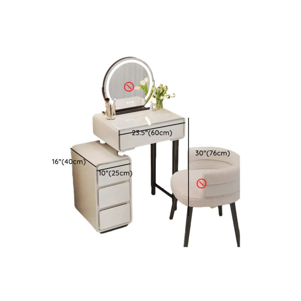 Sleek Oval MDF Bedroom LED Lights White Makeup Vanity Set Image - 10