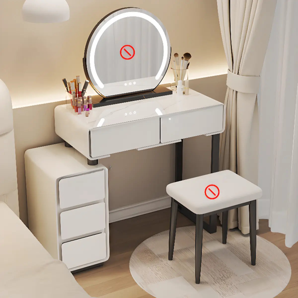 Sleek Oval MDF Bedroom LED Lights White Makeup Vanity Set Image - 2