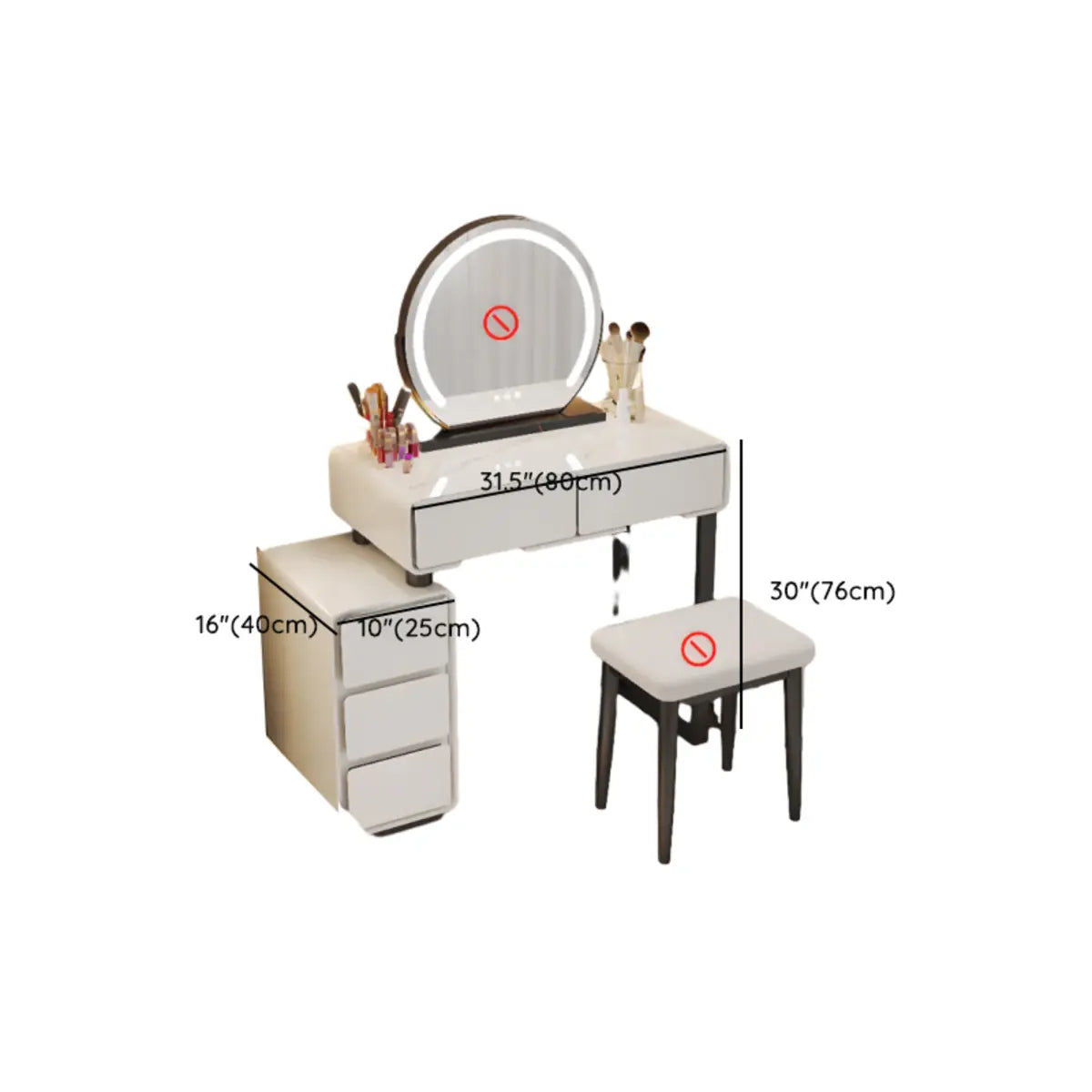 Sleek Oval MDF Bedroom LED Lights White Makeup Vanity Set Image - 11