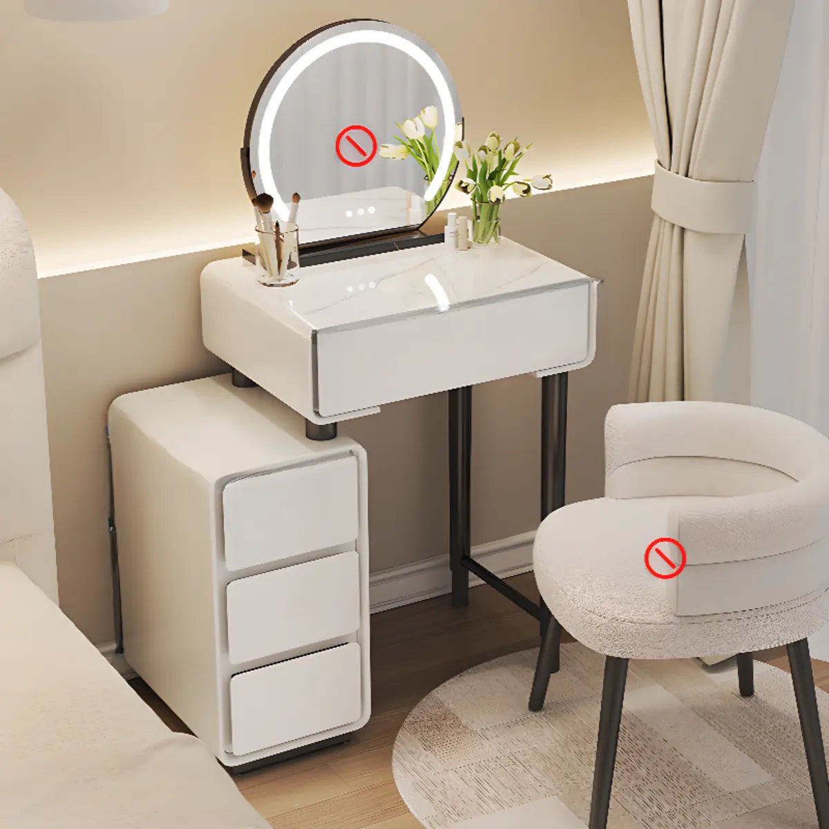 Sleek Oval MDF Bedroom LED Lights White Makeup Vanity Set Image - 3