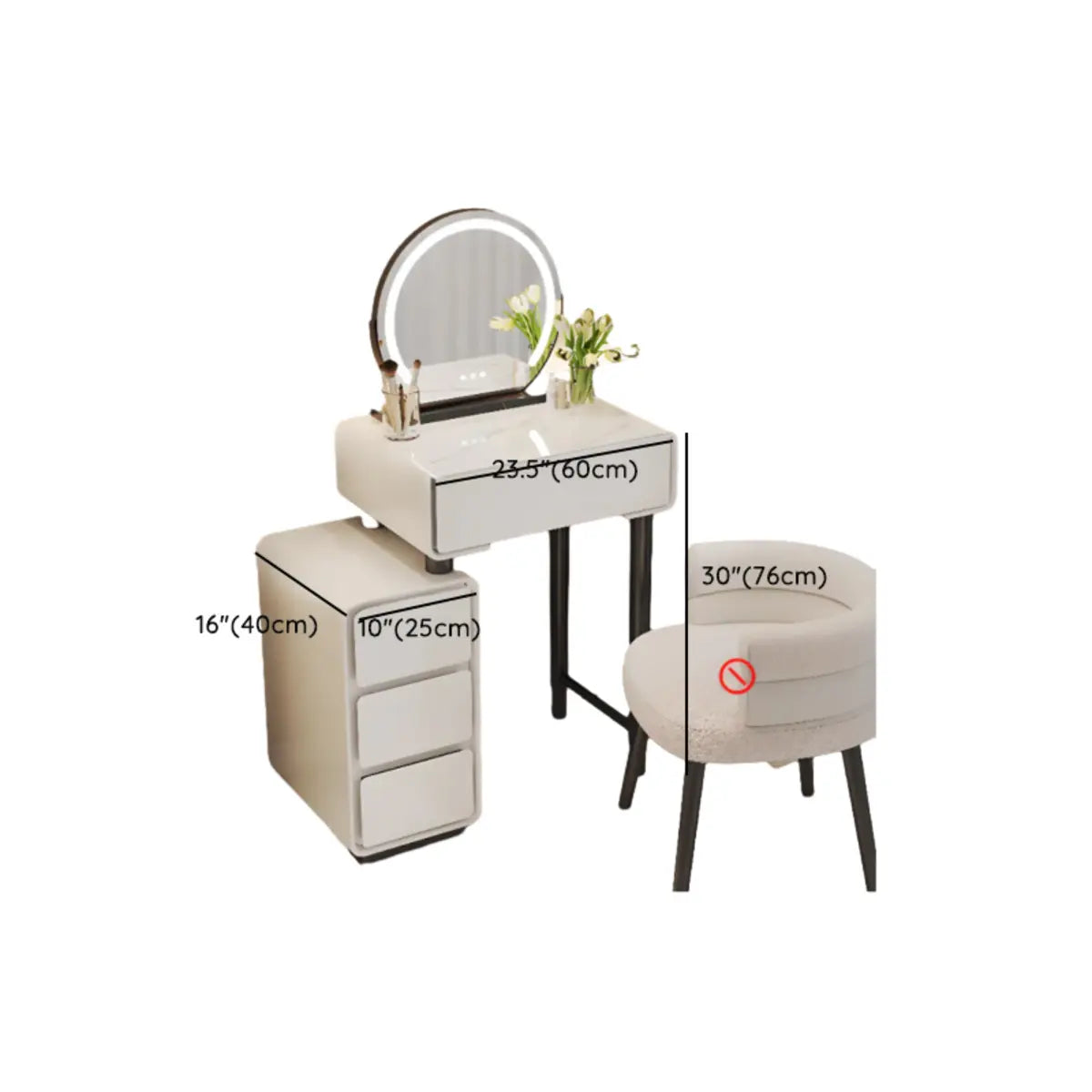 Sleek Oval MDF Bedroom LED Lights White Makeup Vanity Set Image - 13