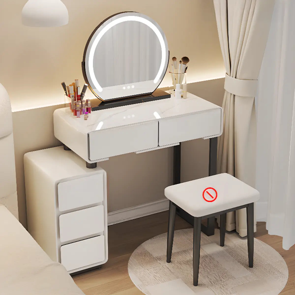 Sleek Oval MDF Bedroom LED Lights White Makeup Vanity Set Image - 5