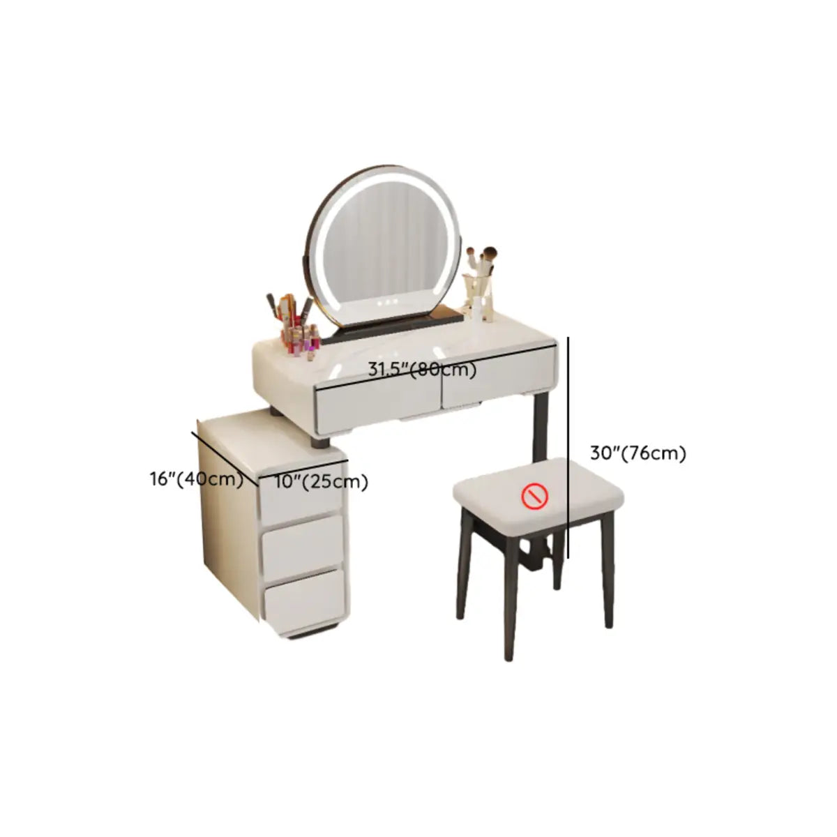 Sleek Oval MDF Bedroom LED Lights White Makeup Vanity Set Image - 14