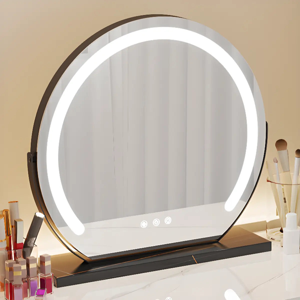 Sleek Oval MDF Bedroom LED Lights White Makeup Vanity Set Image - 6