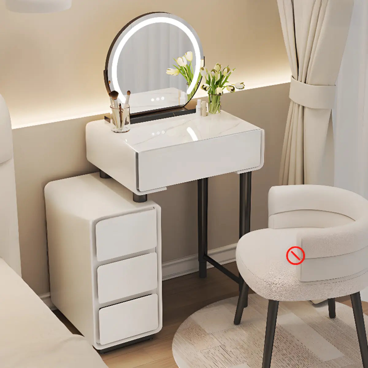 Sleek Oval MDF Bedroom LED Lights White Makeup Vanity Set Image - 7