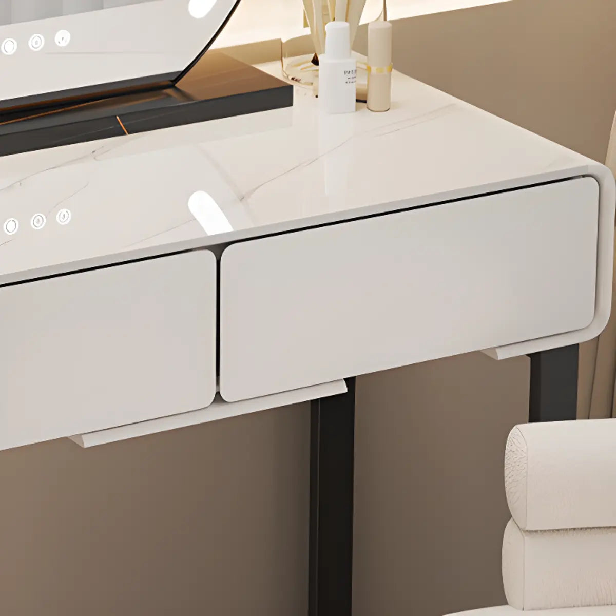 Sleek Oval MDF Bedroom LED Lights White Makeup Vanity Set Image - 8