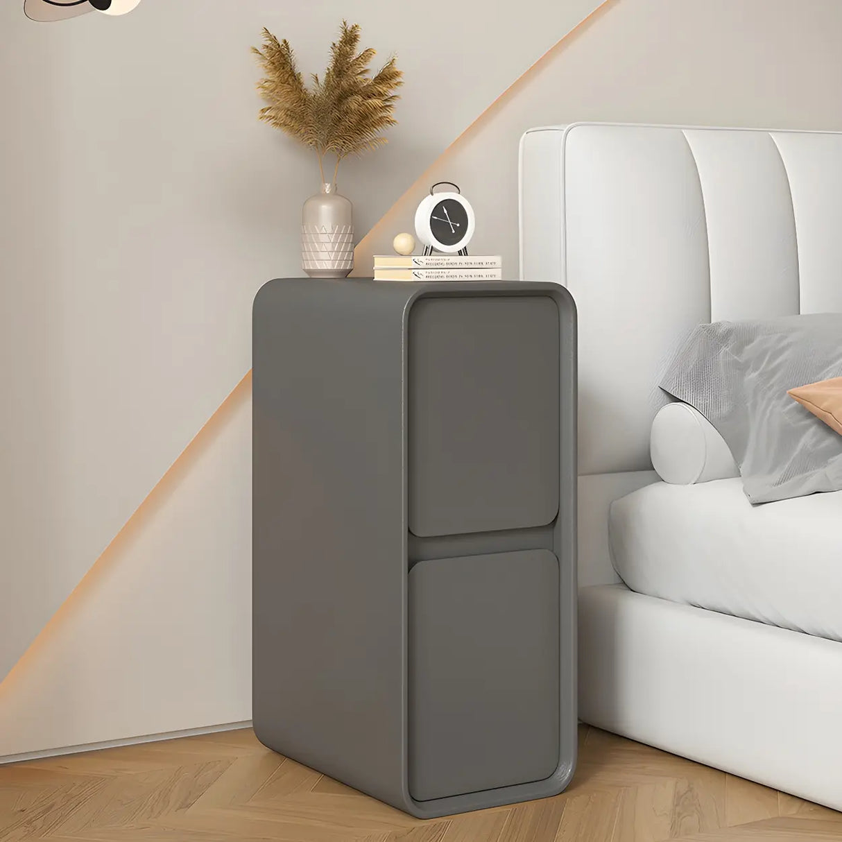 Sleek Rectangular Faux Leather Beige Storage Nightstand Image - 16