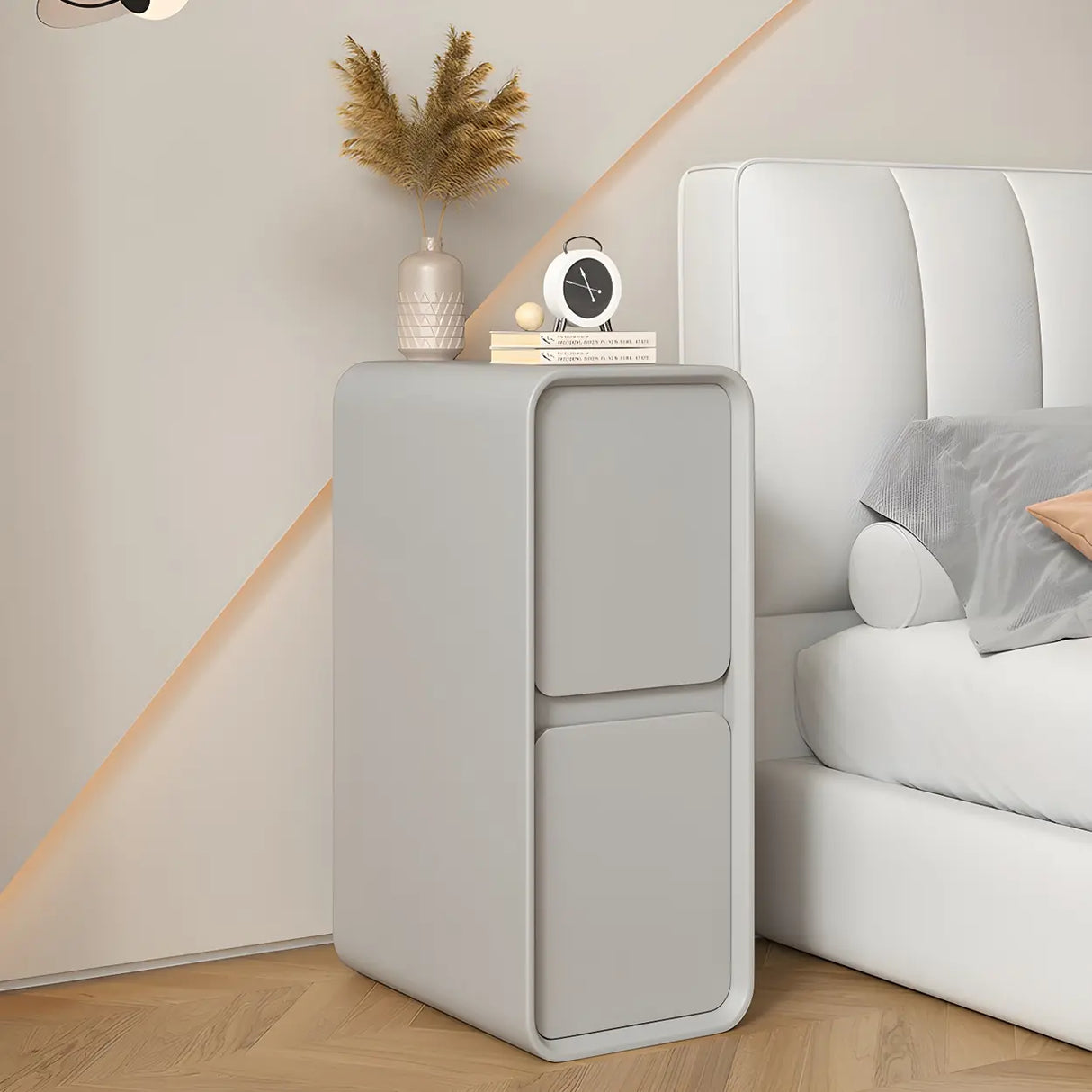 Sleek Rectangular Faux Leather Beige Storage Nightstand Image - 17