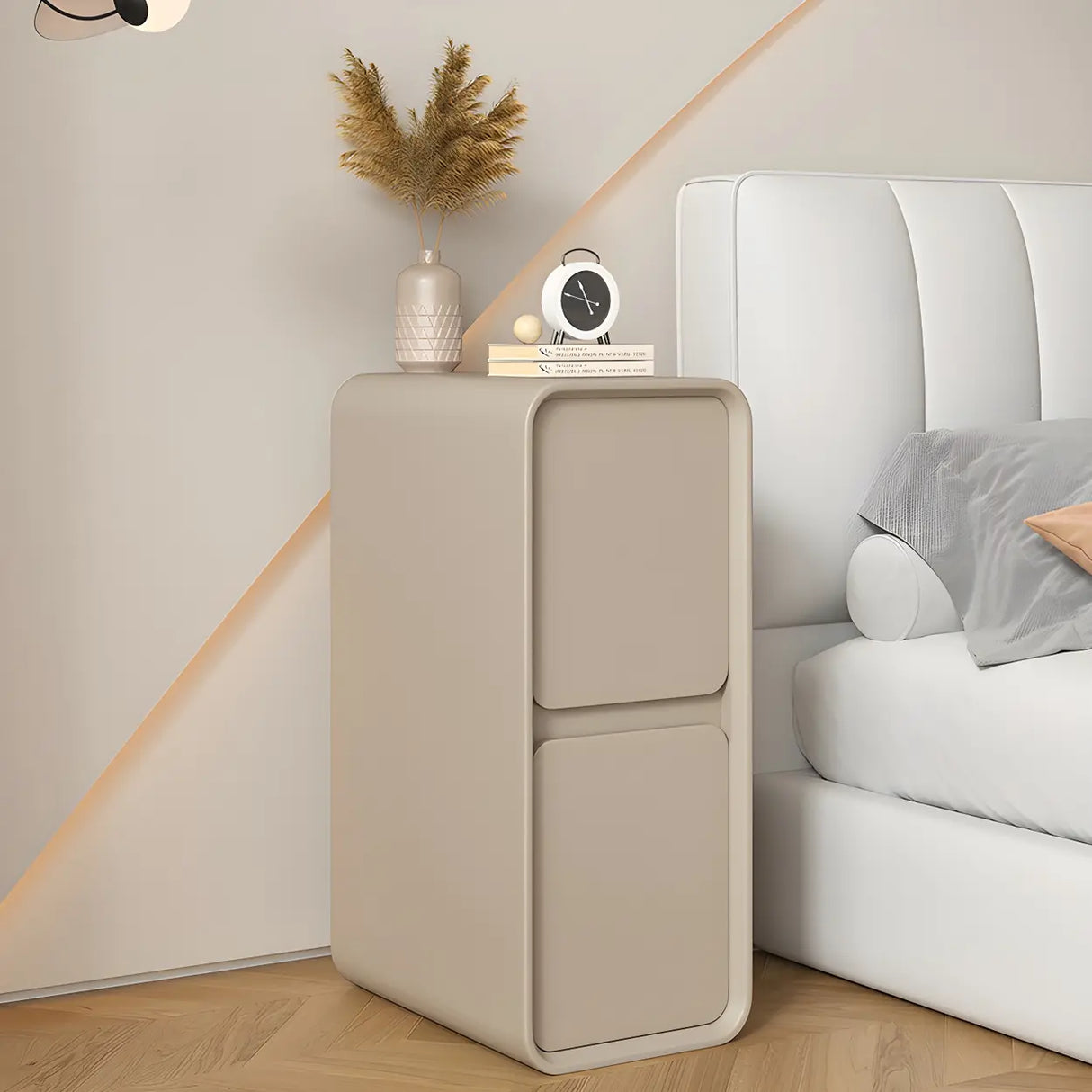 Sleek Rectangular Faux Leather Beige Storage Nightstand Image - 1