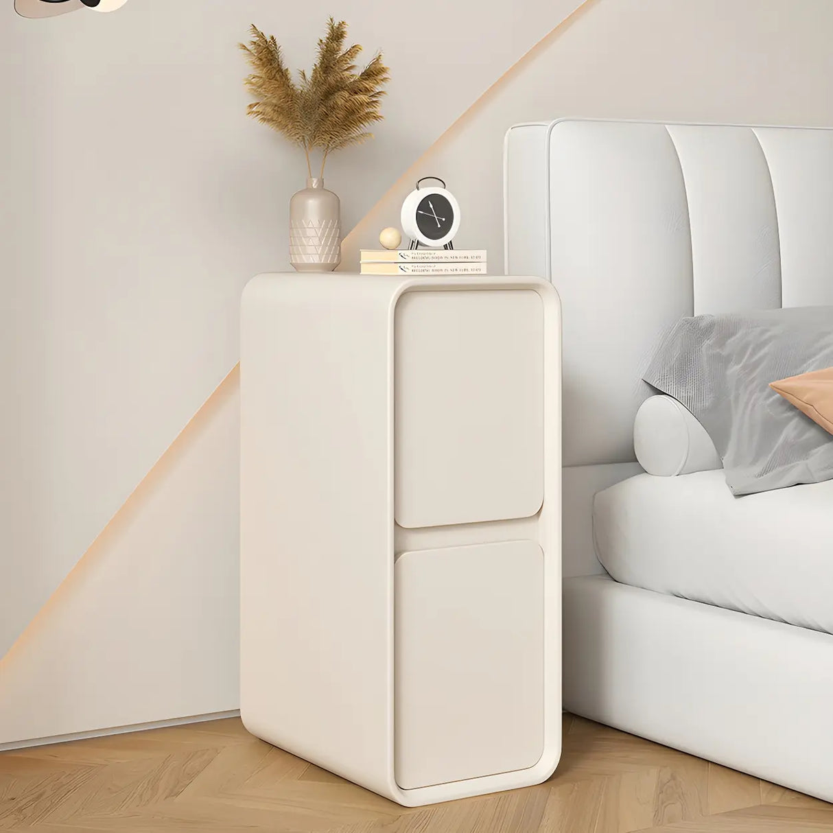 Sleek Rectangular Faux Leather Beige Storage Nightstand Image - 4