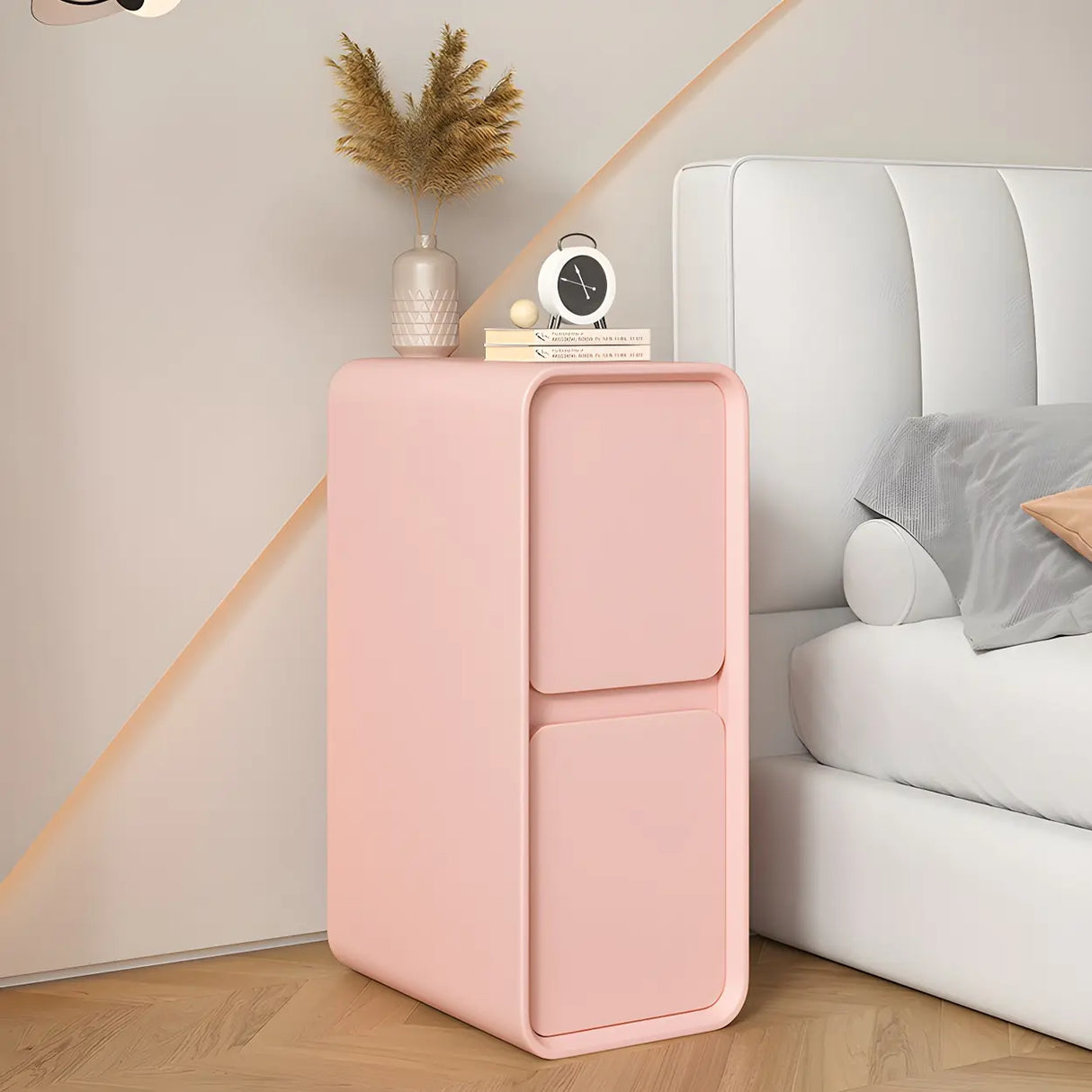 Sleek Rectangular Faux Leather Beige Storage Nightstand Image - 6