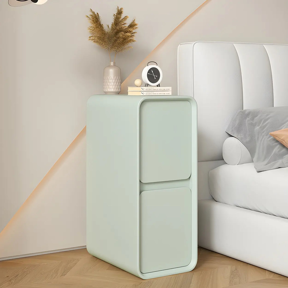 Sleek Rectangular Faux Leather Beige Storage Nightstand Image - 7