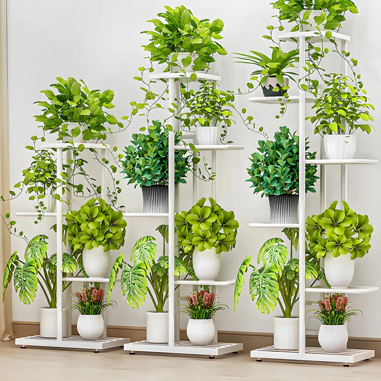 Sleek Stain-Resistant Metal White Multi-Tier Plant Stand Image - 5