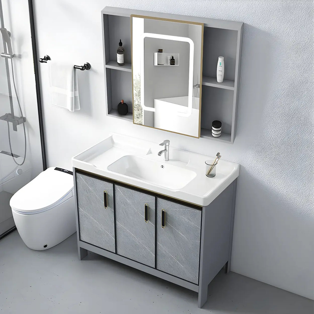 Sleek Stainless Steel Base Ceramic Sink Bath Vanity Cabinet Image - 1