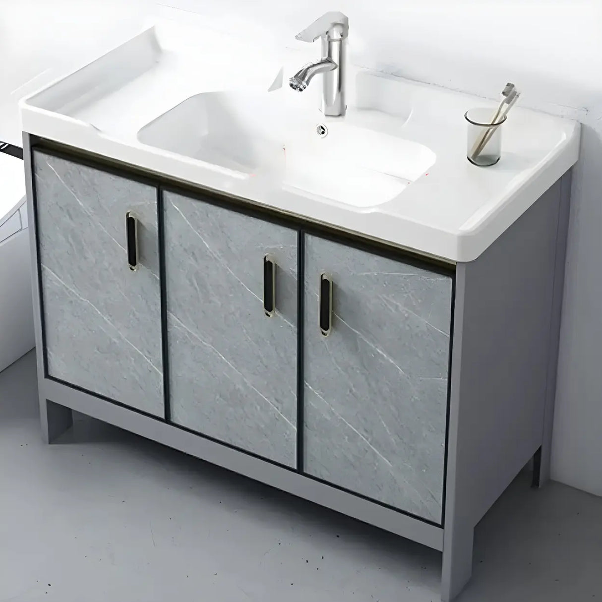 Sleek Stainless Steel Base Ceramic Sink Bath Vanity Cabinet Image - 11