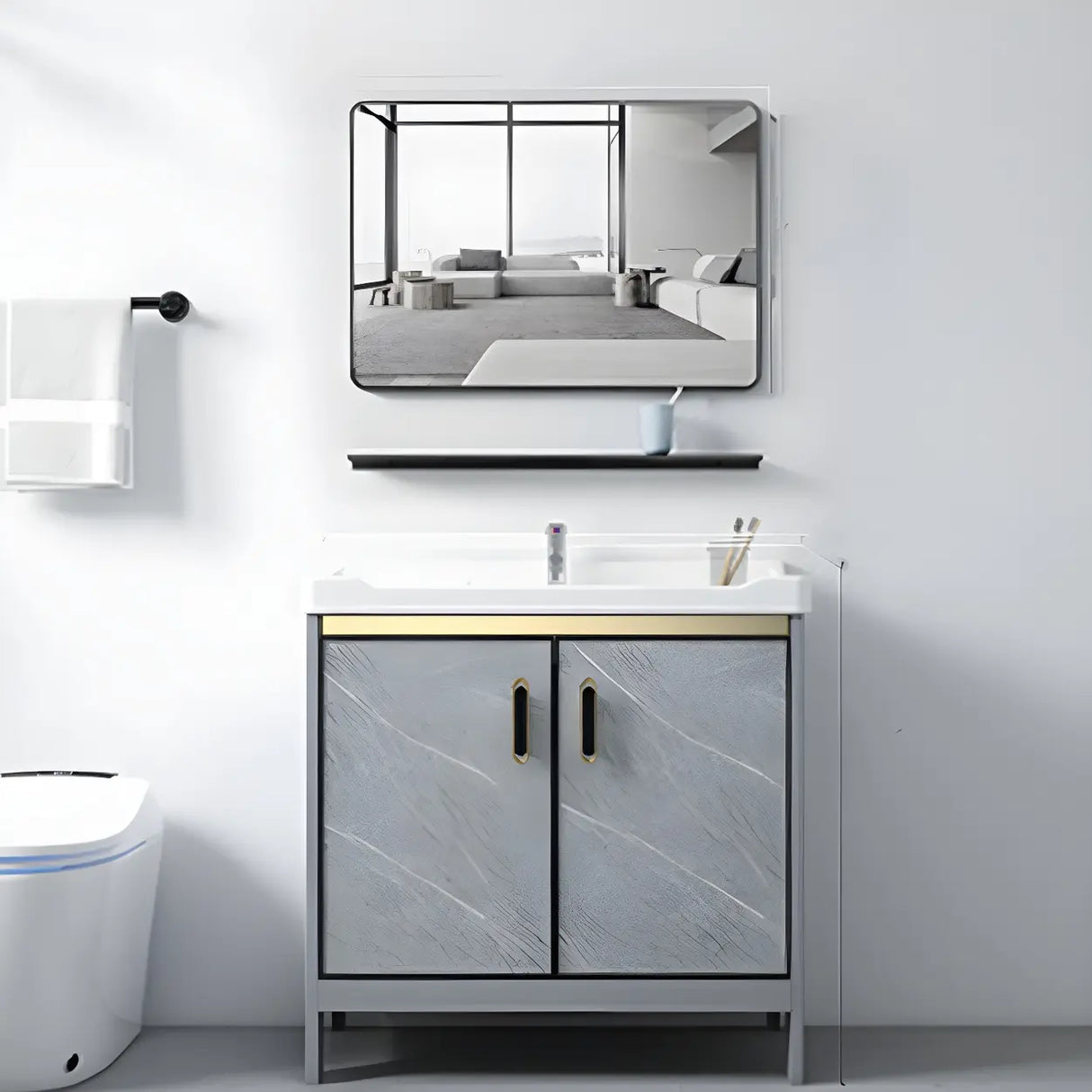 Sleek Stainless Steel Base Ceramic Sink Bath Vanity Cabinet Image - 14