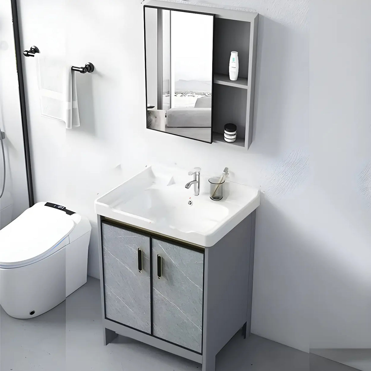 Sleek Stainless Steel Base Ceramic Sink Bath Vanity Cabinet Image - 15