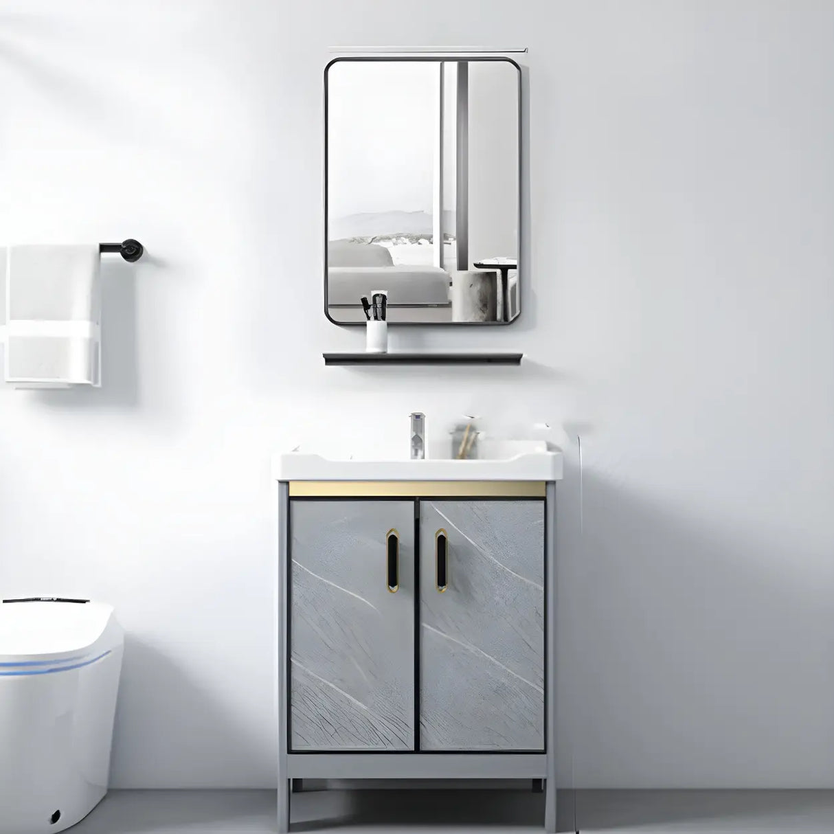 Sleek Stainless Steel Base Ceramic Sink Bath Vanity Cabinet Image - 16