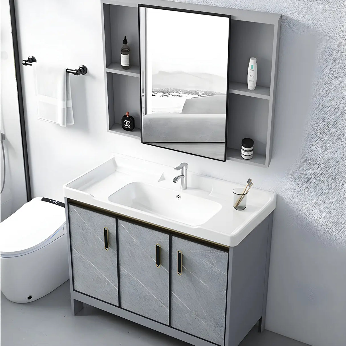 Sleek Stainless Steel Base Ceramic Sink Bath Vanity Cabinet Image - 17