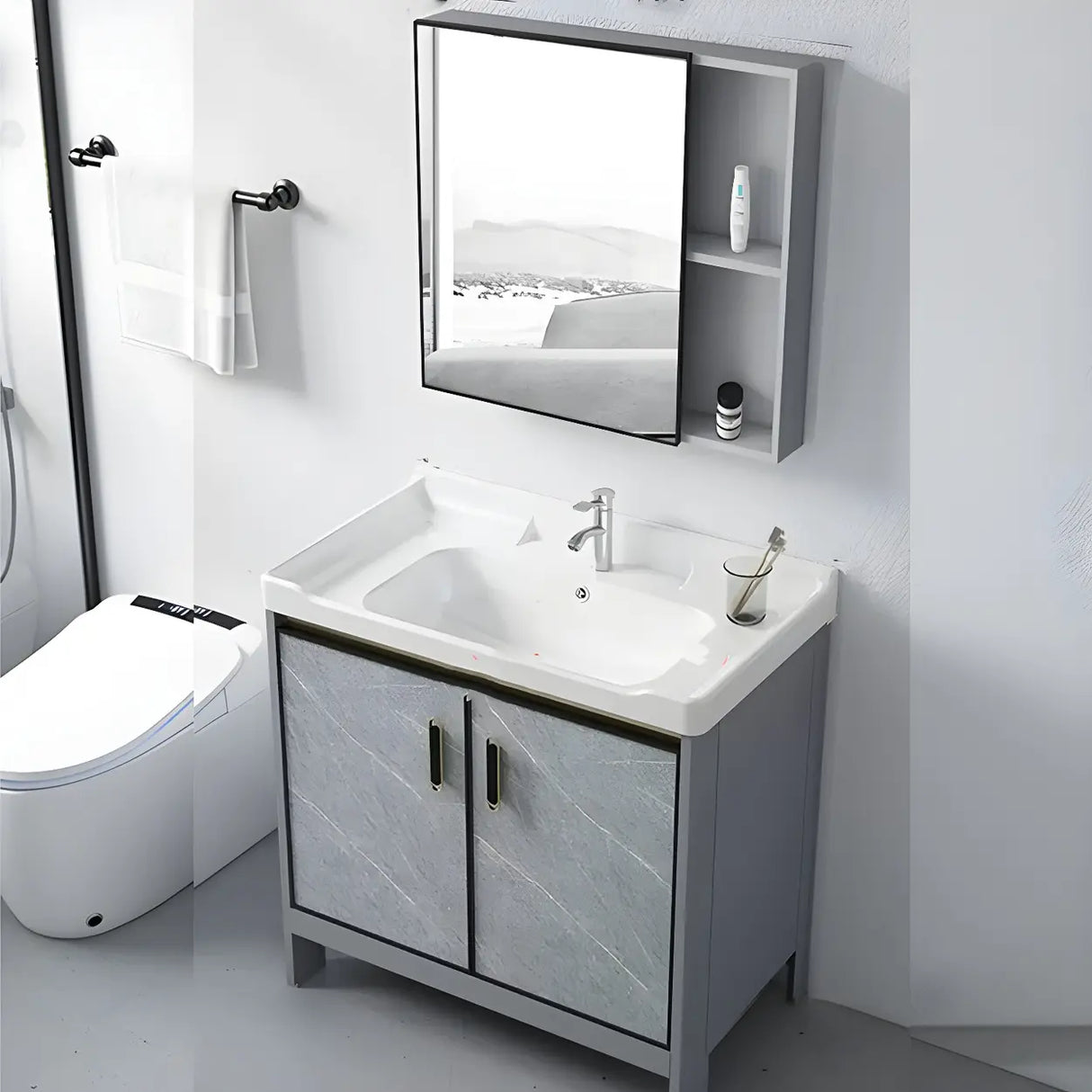 Sleek Stainless Steel Base Ceramic Sink Bath Vanity Cabinet Image - 18