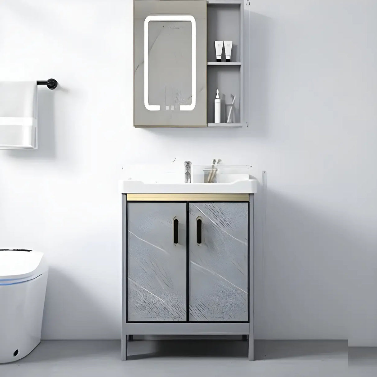 Sleek Stainless Steel Base Ceramic Sink Bath Vanity Cabinet Image - 19