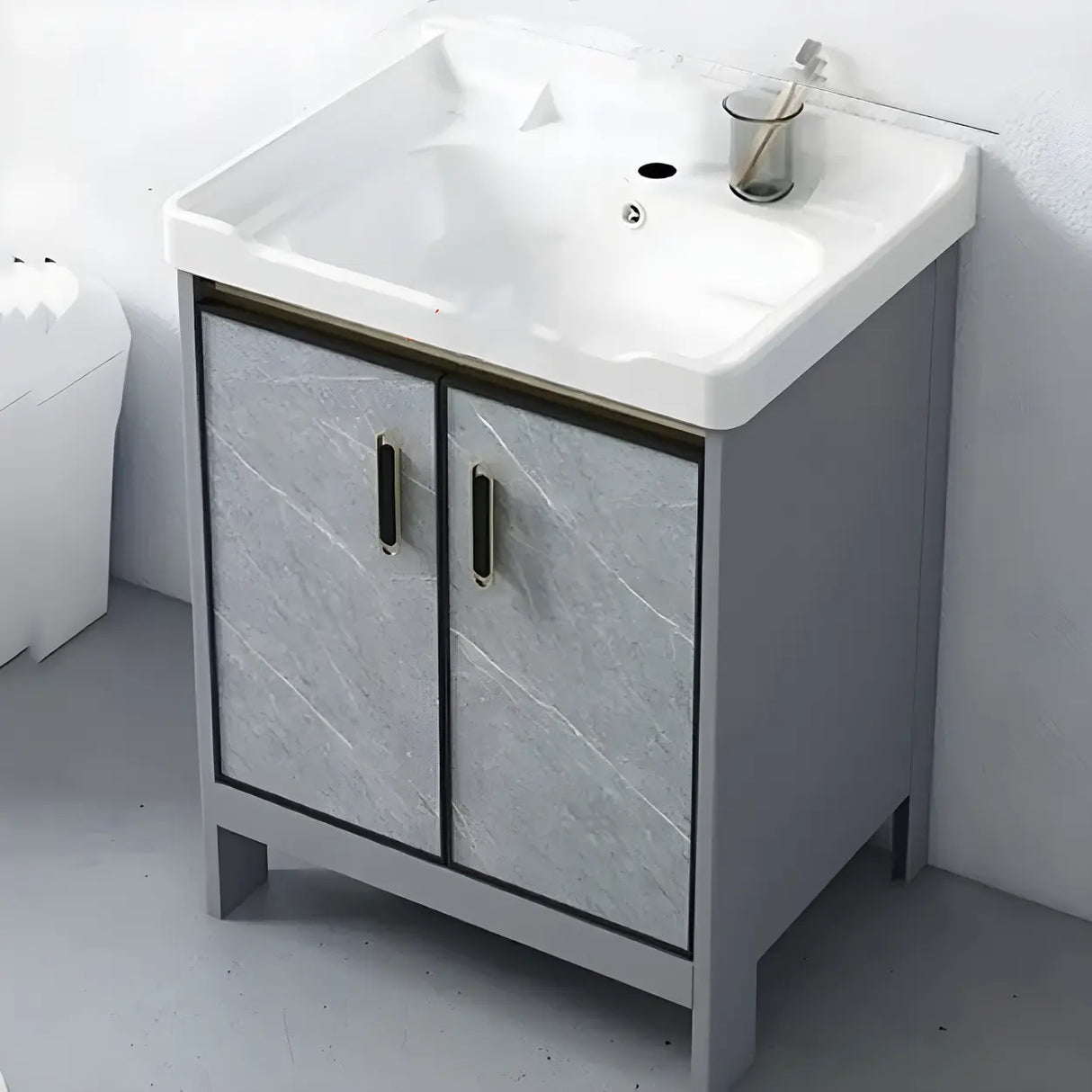 Sleek Stainless Steel Base Ceramic Sink Bath Vanity Cabinet Image - 2