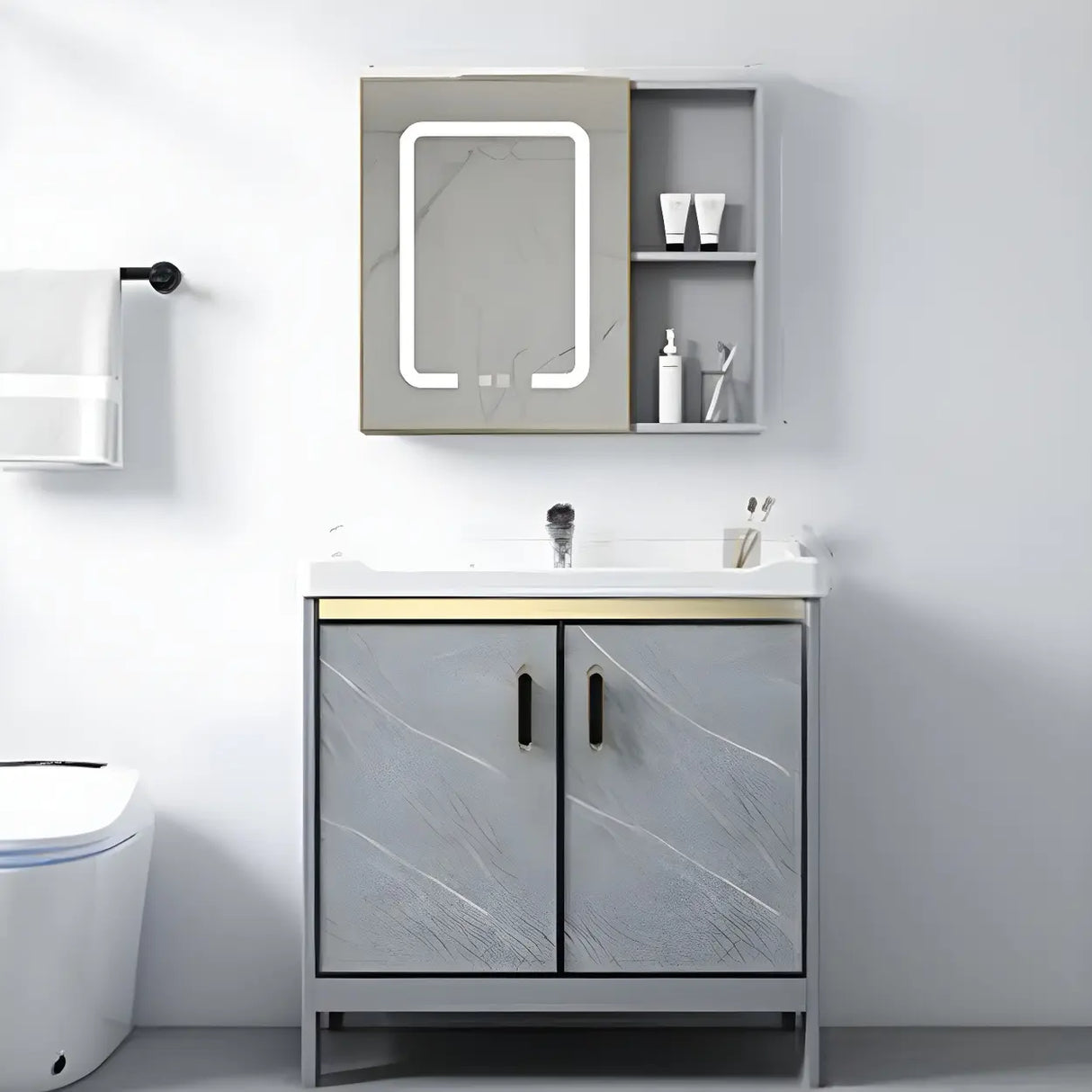 Sleek Stainless Steel Base Ceramic Sink Bath Vanity Cabinet Image - 20