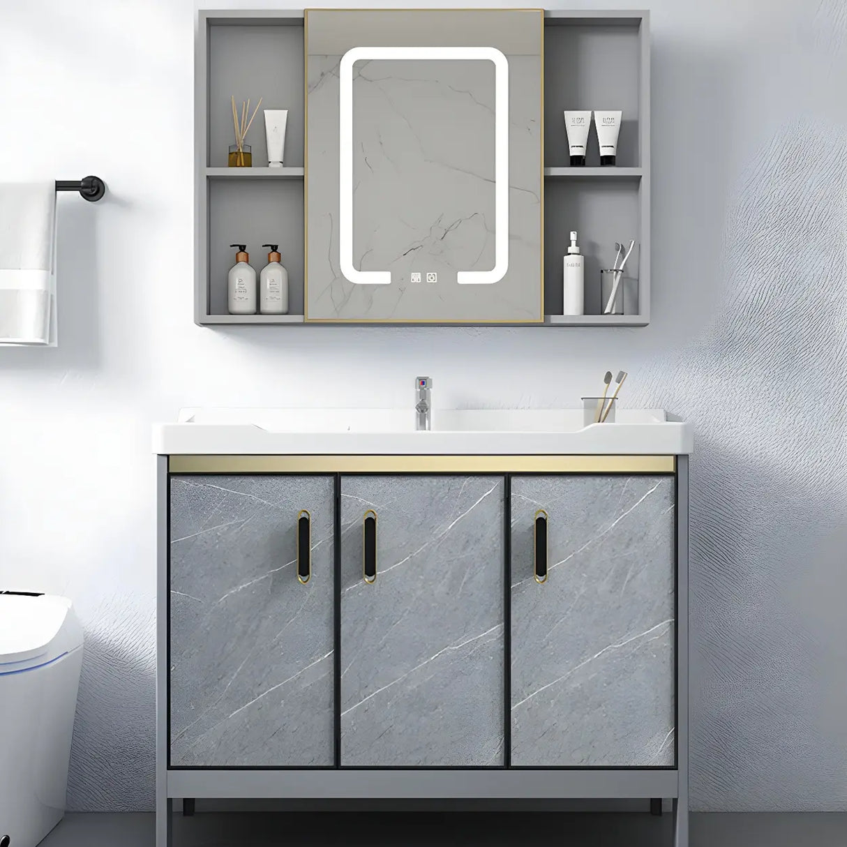 Sleek Stainless Steel Base Ceramic Sink Bath Vanity Cabinet Image - 21