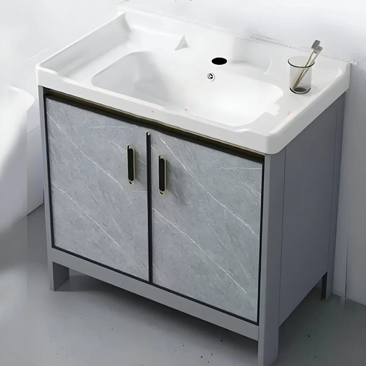 Sleek Stainless Steel Base Ceramic Sink Bath Vanity Cabinet Image - 3