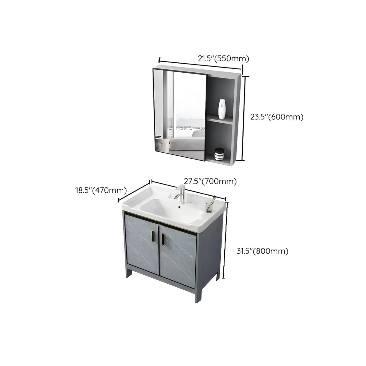 Sleek Stainless Steel Base Ceramic Sink Bath Vanity Cabinet Image - 35