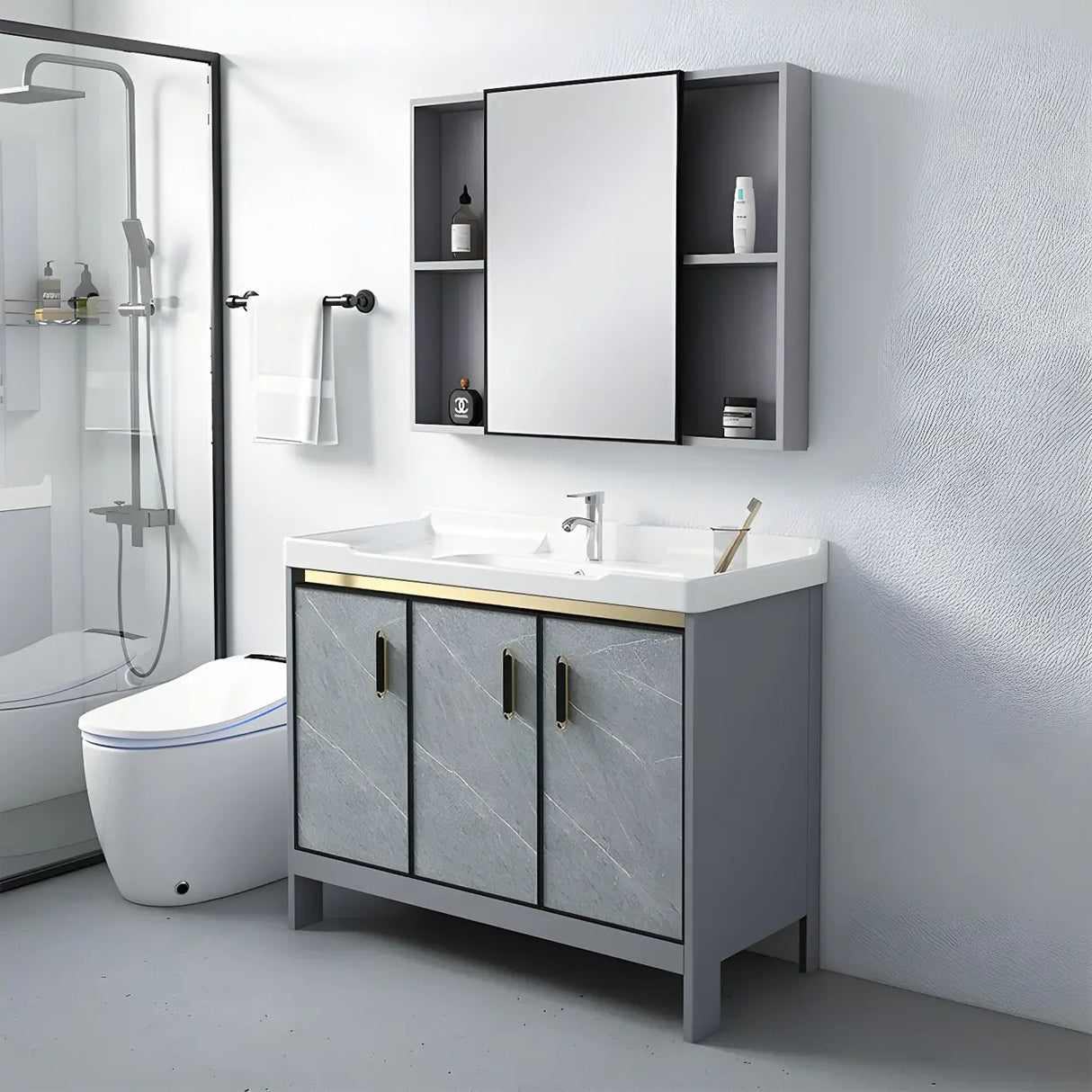 Sleek Stainless Steel Base Ceramic Sink Bath Vanity Cabinet Image - 5