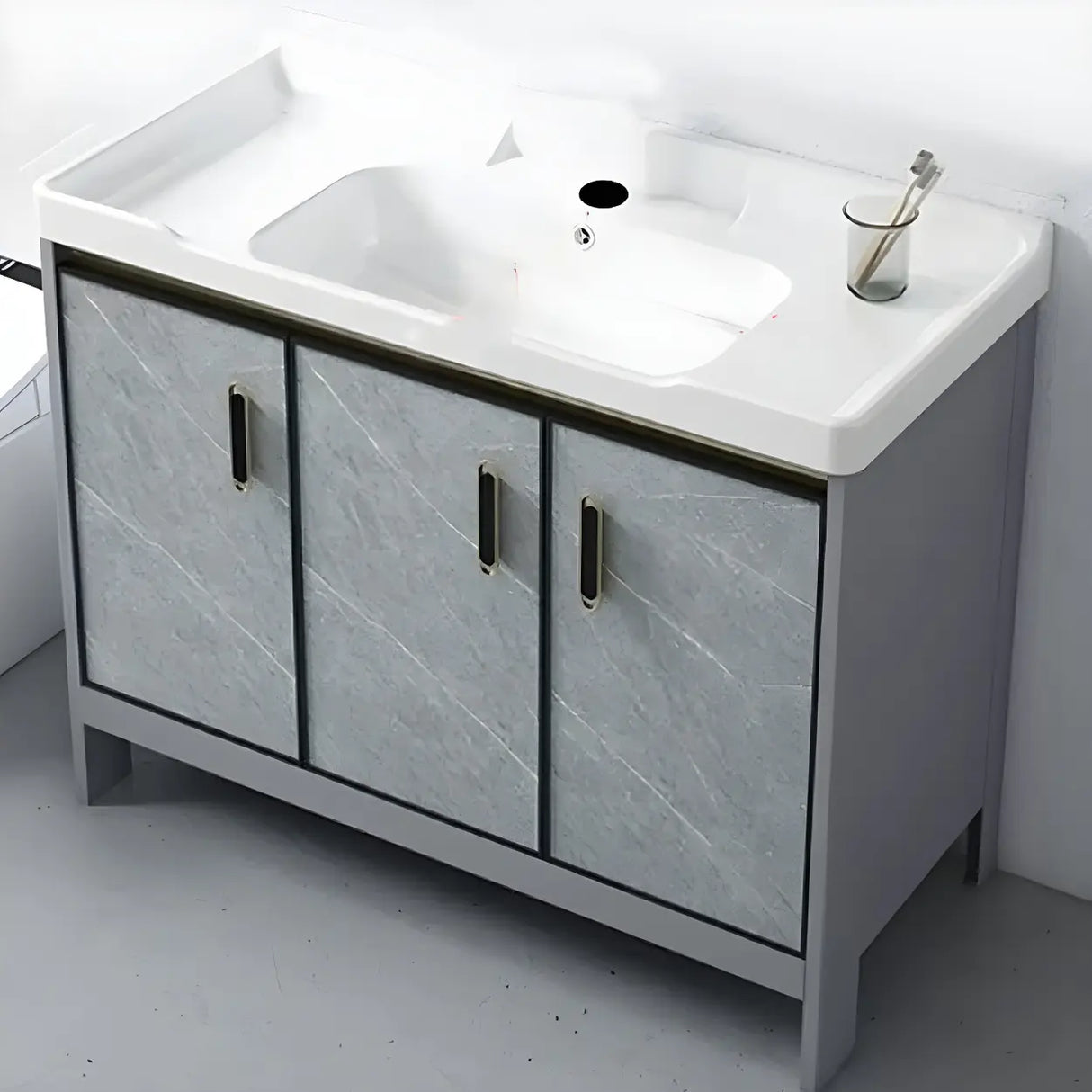 Sleek Stainless Steel Base Ceramic Sink Bath Vanity Cabinet Image - 6