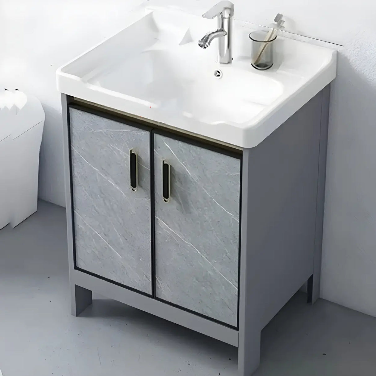 Sleek Stainless Steel Base Ceramic Sink Bath Vanity Cabinet Image - 7