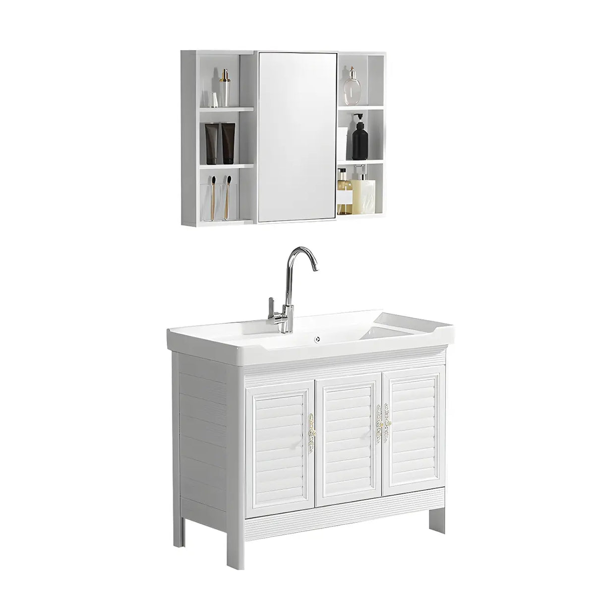 Sleek White Freestanding Sink Glam Bath Vanity with Doors Image - 10