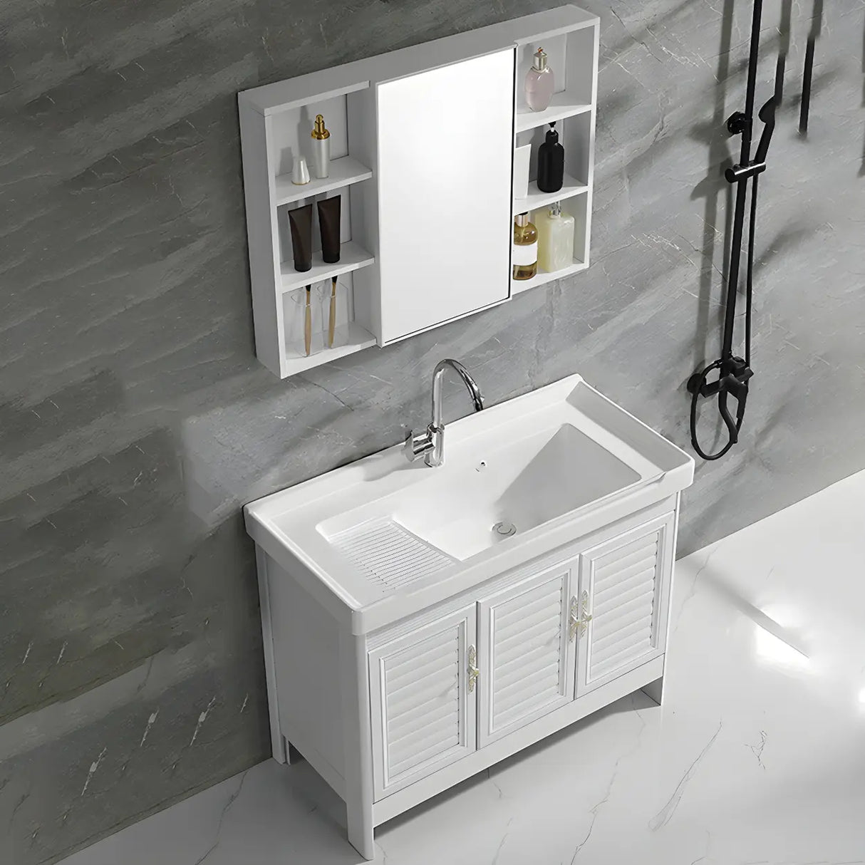 Sleek White Freestanding Sink Glam Bath Vanity with Doors Image - 11