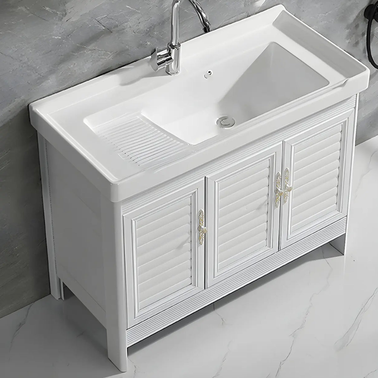 Sleek White Freestanding Sink Glam Bath Vanity with Doors Image - 13