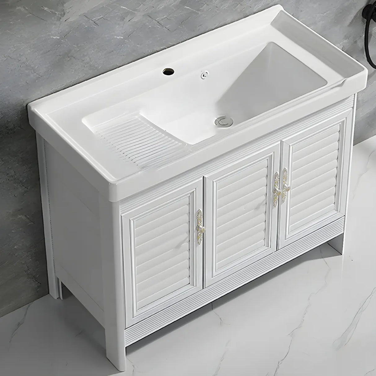 Sleek White Freestanding Sink Glam Bath Vanity with Doors Image - 15
