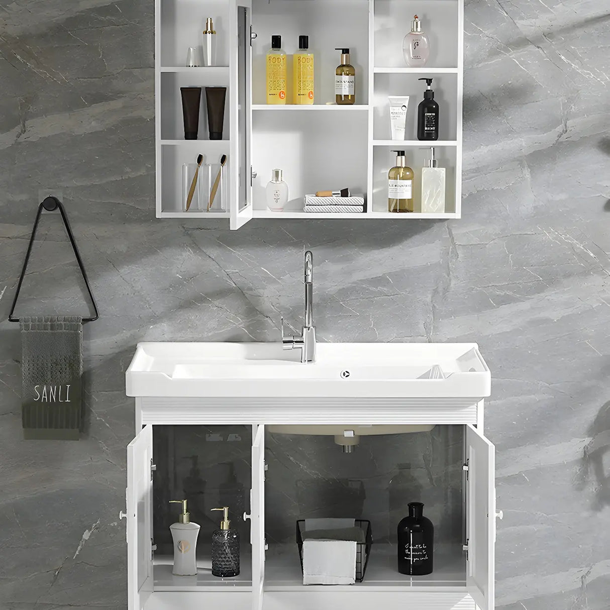 Sleek White Freestanding Sink Glam Bath Vanity with Doors Image - 17
