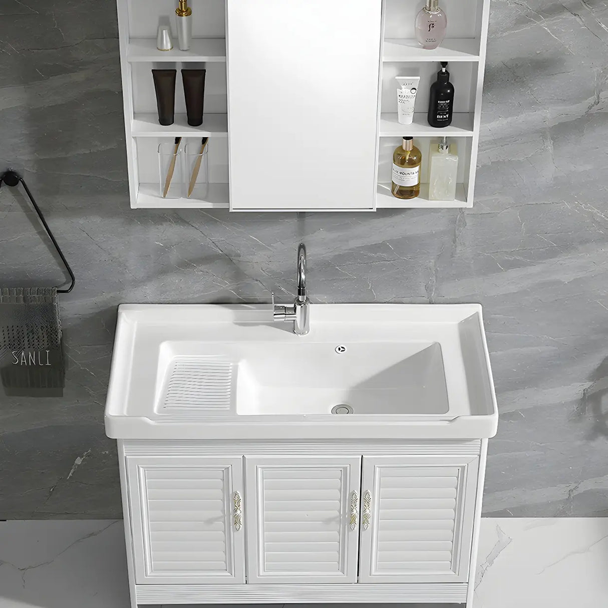 Sleek White Freestanding Sink Glam Bath Vanity with Doors Image - 18